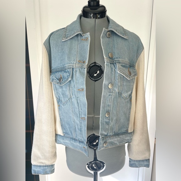 Maje NWOT Mixed Material Denim and Knit Jacket, sky blue/white, 36(XS) - Picture 4 of 14